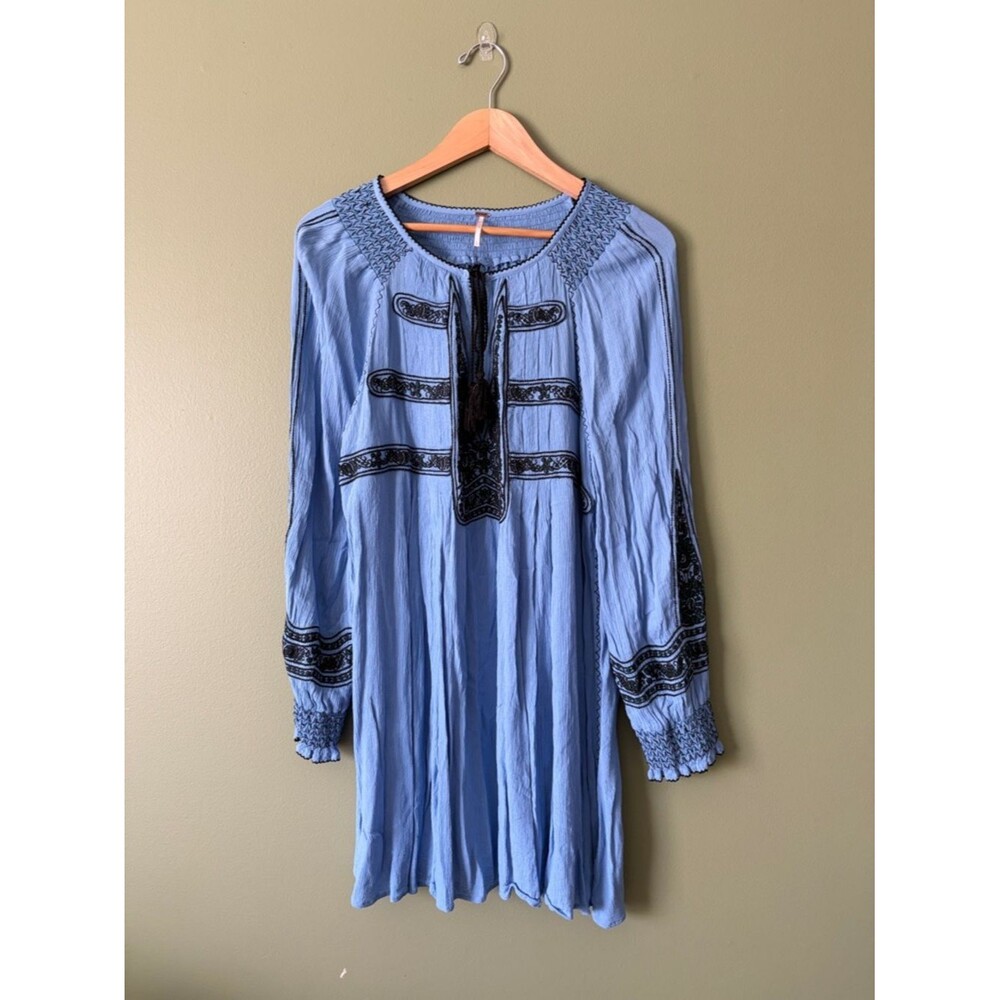 Free People Blue Gauzy Wind Willow Embroidered Boho Long Sleeve Mini Dress Sz L - Picture 2 of 6
